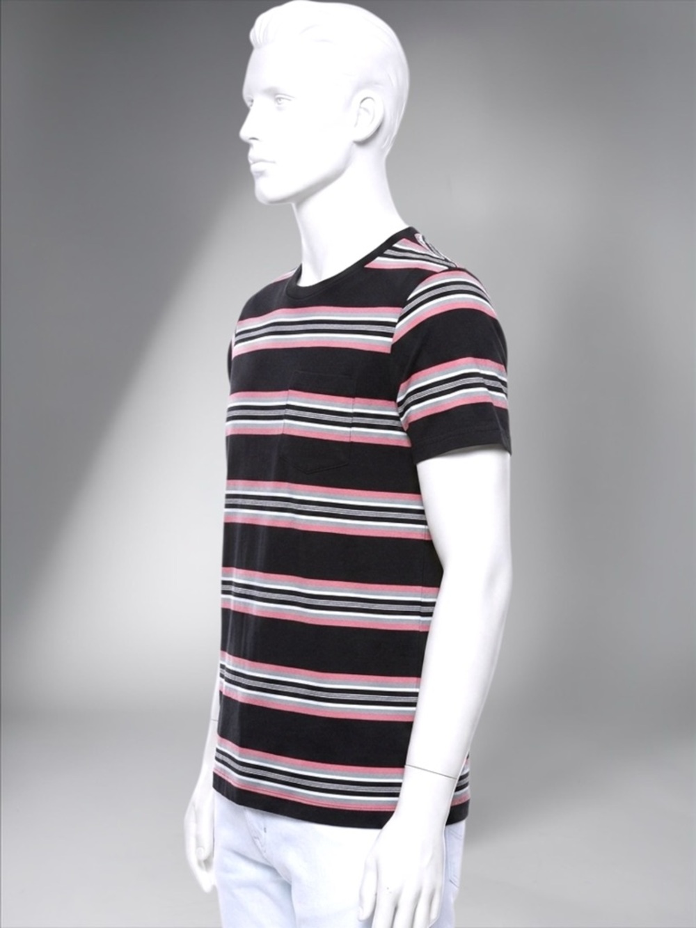 Men's Black Striped Crew Neck T-Shirt with Pocket - Picture 13 of 15